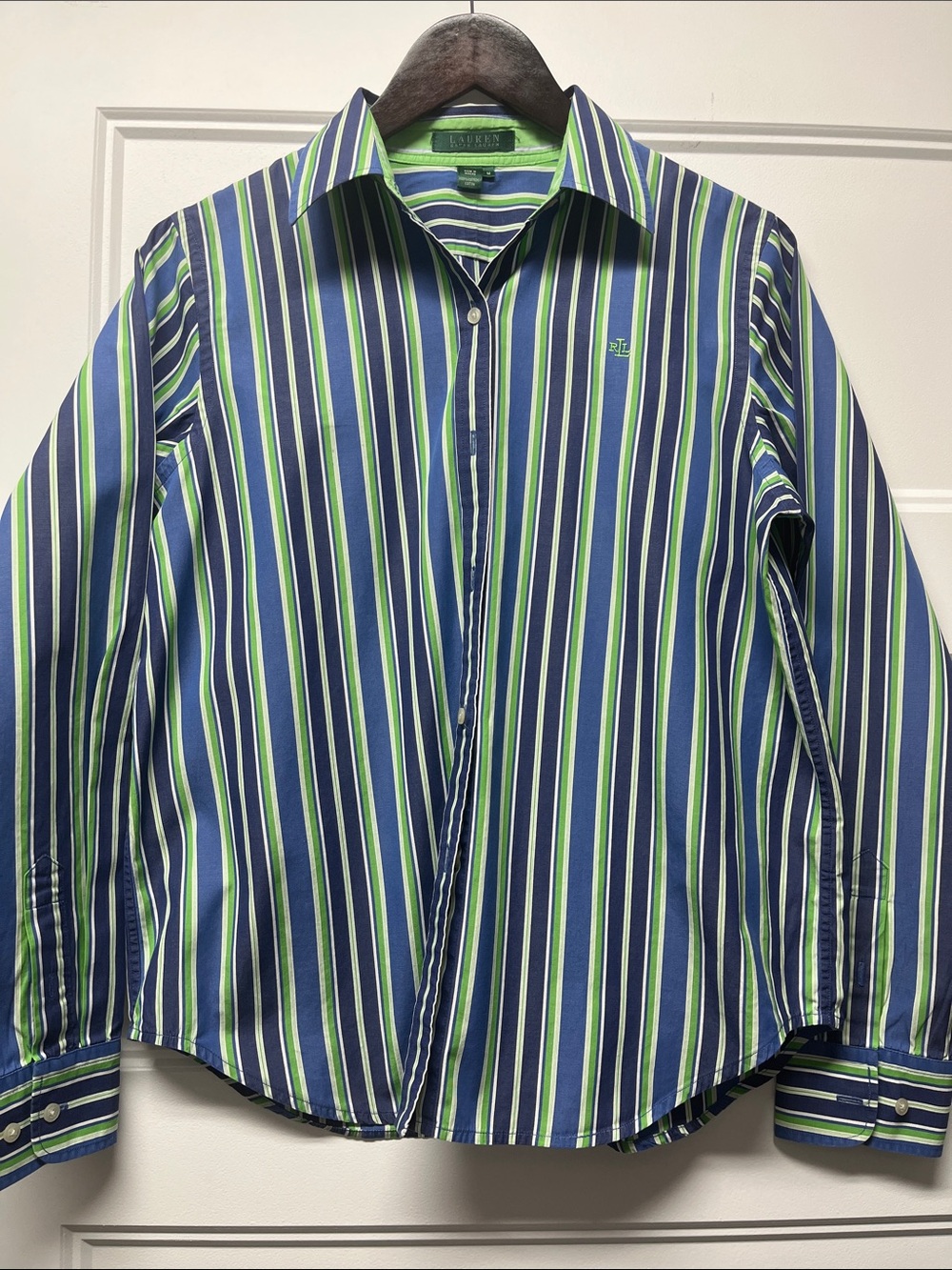 Ralph Lauren Navy, Blue & Lime Green Vertical Stripe Dress Shirt